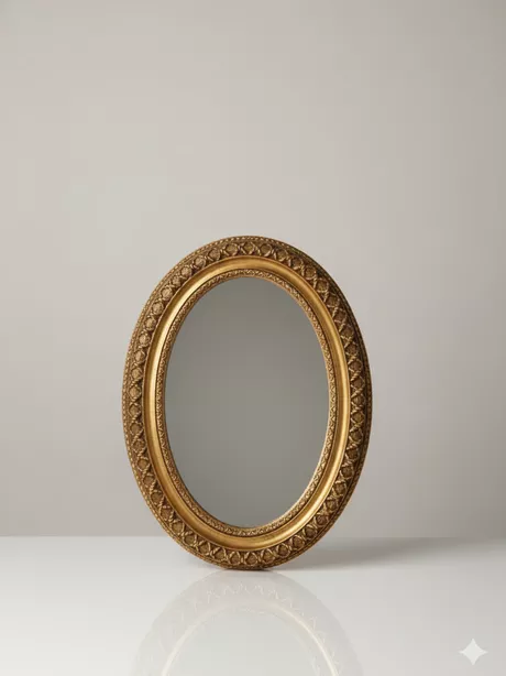 Deze zeldzame ovalen spiegel van hout en glas dateert uit de jaren zestig. Achterzijde is voorzien van nieuwe dekblad. Ornamentering van gekruiste touwdeeltjes. Op rand voorzijde is - als je goed kijkt - een oude kleine restauratie te zien, die wij intact hebben gelaten.