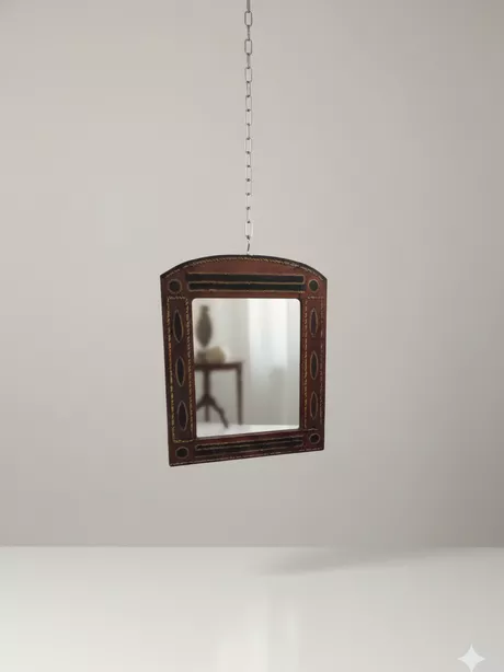 Antieke wandspiegel uit de jaren '20 of '30 van leer met de hand gemaakt met geometrische vormen leer getrokken over houten frame, koren, riet, van natuurlijke materialen gemaakt. Craquelé is zichtbaar en geeft dit stuk een ware antieke look. Het glas is oorspronkelijk en vertoont kleine weerplekken. Houten massief paneel op de rugzijde en authentiek ophangsysteem.