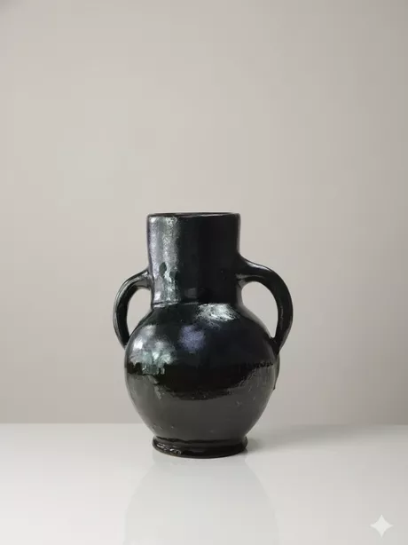 Donkergroene Amfoorvaas Deze siervaas is half donkergroen handgeglazuurd. Puntgaaf en onbeschadigd.