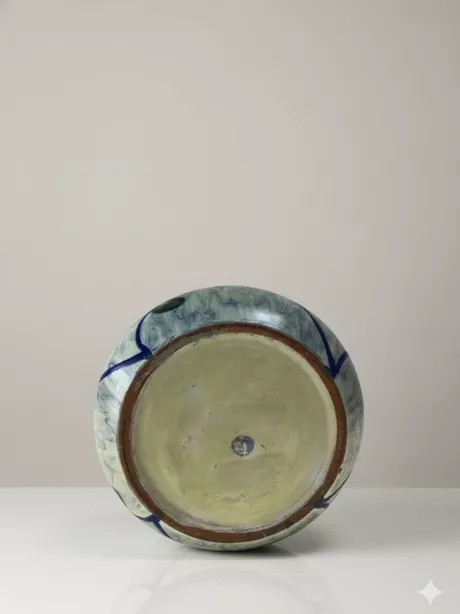 Deze zeldzame vaas werd gemaakt in Zweden in de jaren '50. Donkerblauwe pasteuze rand. Handgeschilderd voorzien van bloem- en bladmotief op een lichtblauwe achtergrond. "UE" gesigneerd aan de onderzijde. Deze vaas is onbeschadigd en puntgaaf.